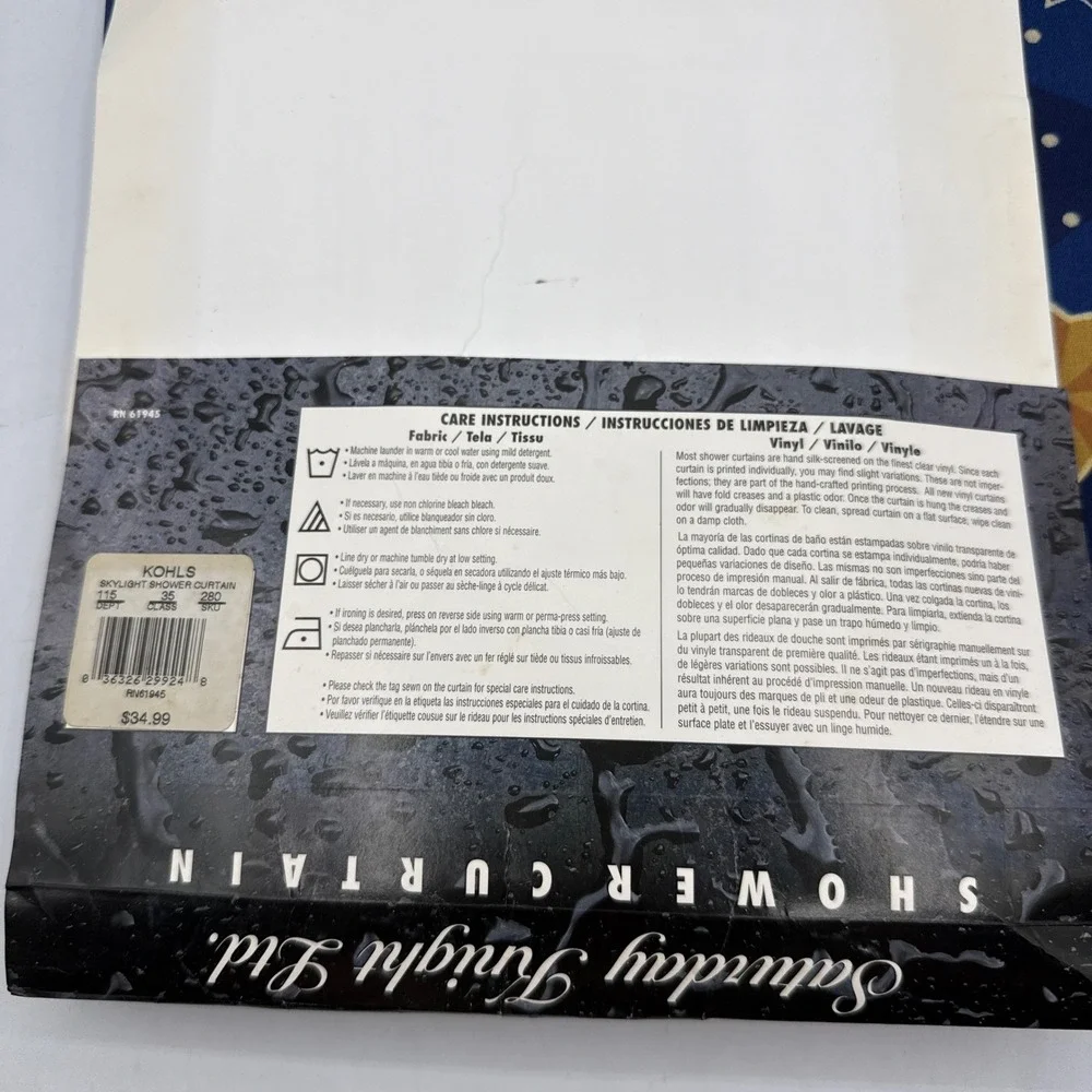 Vtg Sky Light Shower Curtain Navy Gold Celestial Sun Moon Stars READ